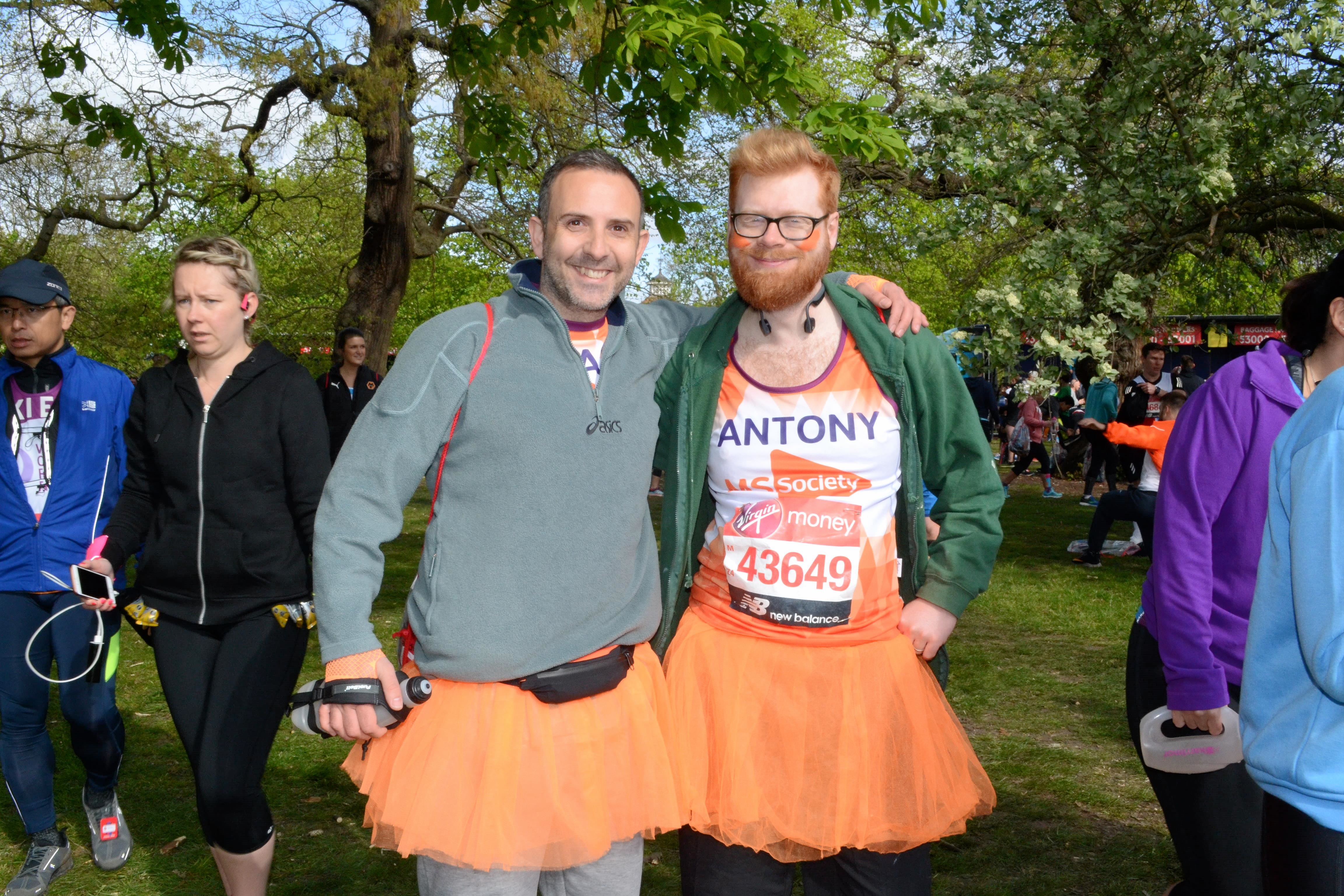 Me and Paul both wearing MS Society running tops and with orange tutus on